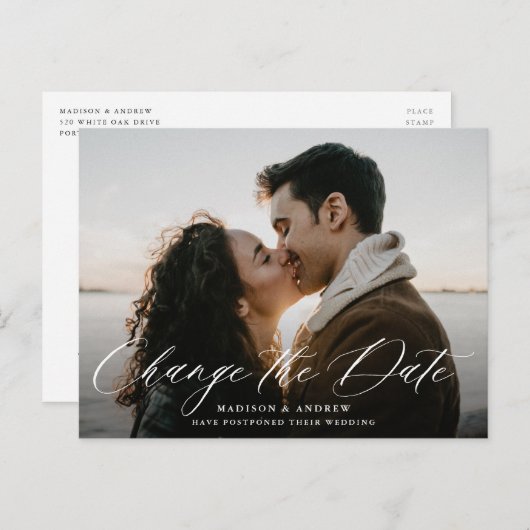 Carte Postale Faire-part Changement de Date de Photo en Calligraphie Blanch (Devant / Derrière)
