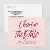 Carte Postale Faire-part Changement de date d'écriture à paillettes rose bl (Devant / Derrière)
