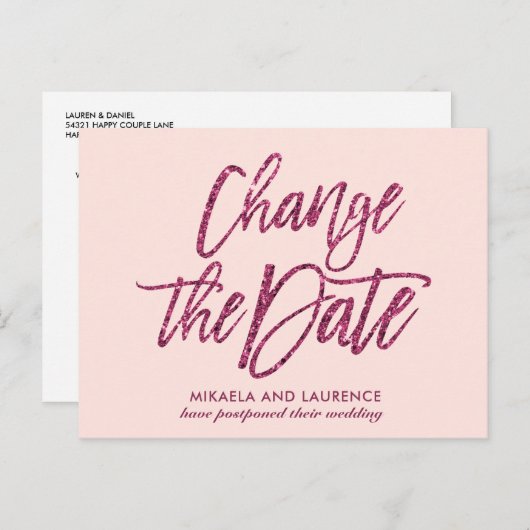Carte Postale Faire-part Changement de date d'écriture en paillettes rose b (Devant / Derrière)