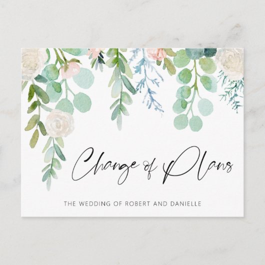 Carte Postale Faire-part Changement de plan mariage Aquarelle Flore Verdure (Devant)