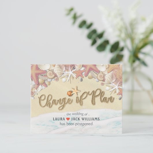 Carte Postale Faire-part Changement De Plan Mariage Report Plage D'Été (Debout devant)