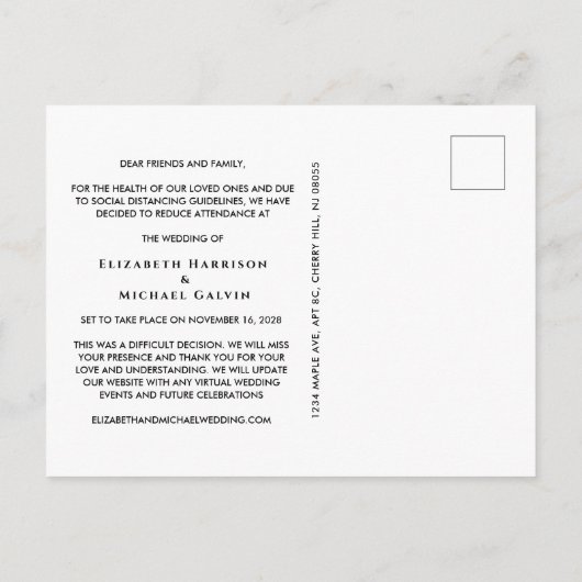 Carte Postale Faire-part Changement de plan pour les petits Mariages Script (Dos)