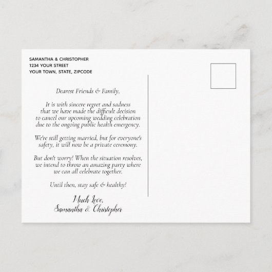 Carte Postale Faire-part Changement de plans Mariage annulé Reporté Bleu (Dos)