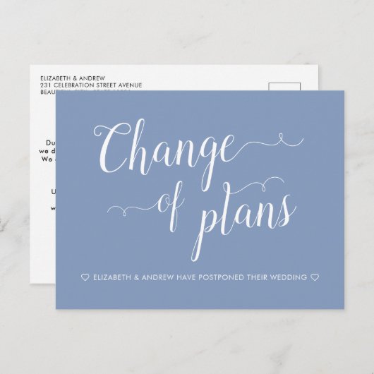 Carte Postale Faire-part Changement de plans mariage poussiéreux bleu repor (Devant / Derrière)