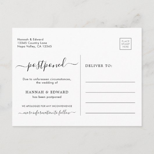 Carte Postale Faire-part Changement de plans | Mariage reporté (Dos)