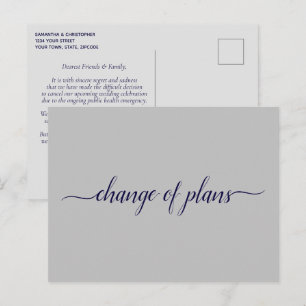 Carte Postale Faire-part Changement de plans Mariage reporté Bleu marine et
