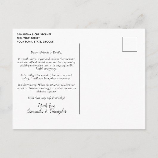 Carte Postale Faire-part Changement de plans mariage Rose rouge reporté (Dos)