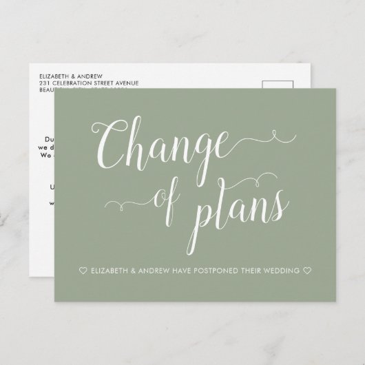 Carte Postale Faire-part Changement de plans Vert sauge Mariage reporté (Devant / Derrière)