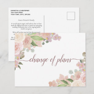 Carte Postale Faire-part Changement élégant de plans de mariage à fleurs ro