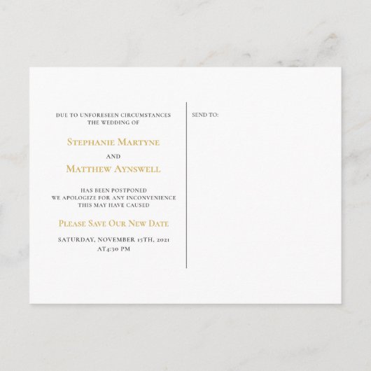 Carte Postale Faire-part Changer la date élégant or script noir (Dos)