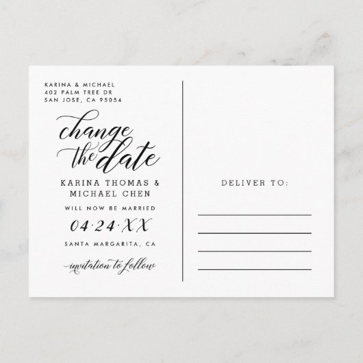 Carte Postale Faire-part Changer la date Modern Black Script Photo Collage (Dos)