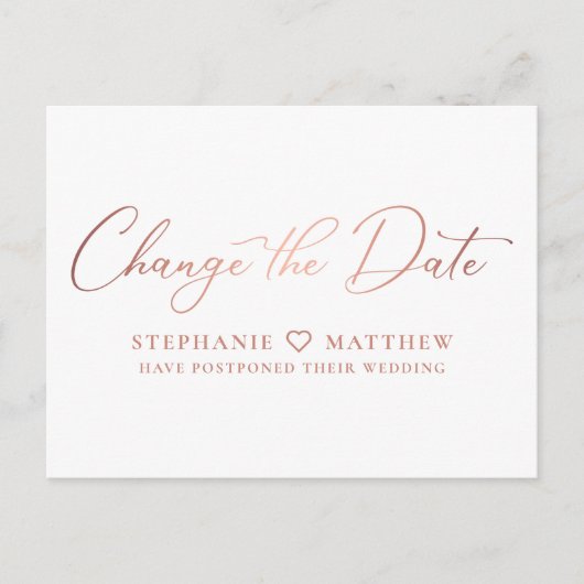 Carte Postale Faire-part Changer la date Rose Gold Moderne Script (Devant)