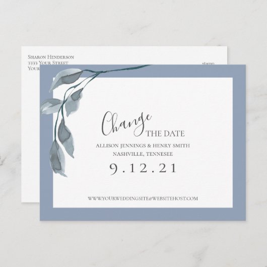 Carte Postale Faire-part Changer la date Sauvegarder la date Fleurs bleues (Devant / Derrière)