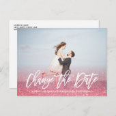 Carte Postale Faire-part CHANGEZ LA DATE  calligraphie Photo pailleté rose (Devant / Derrière)