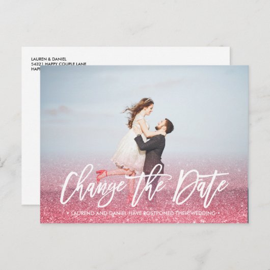 Carte Postale Faire-part CHANGEZ LA DATE calligraphie Photo pailleté rose (Devant / Derrière)