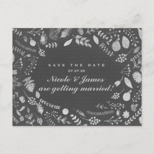 Carte Postale Faire-part Charcoal Grey Silver Floral Enregistrer la date Ca