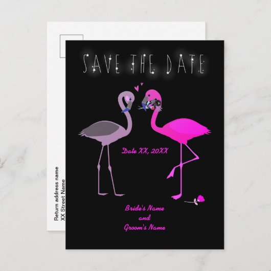 Carte Postale Faire-part Charming Flamant rose couple Enregistrer la date M (Devant / Derrière)