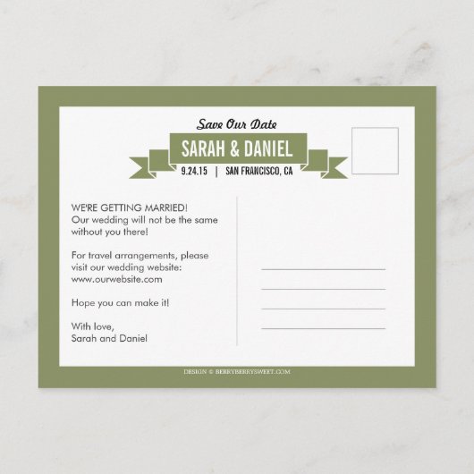 Carte Postale Faire-part Charming Ribbon Save the Date - Green (Dos)