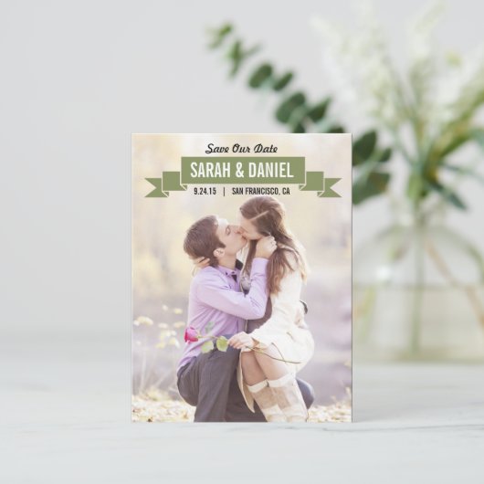 Carte Postale Faire-part Charming Ribbon Save the Date - Green (Debout devant)