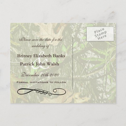 Carte Postale Faire-part Chasseur Monogramme Camo Mariage Sauvez les dates (Dos)