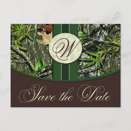 Carte Postale Faire-part Chasseur Monogramme Camo Mariage Sauvez les dates (Devant)