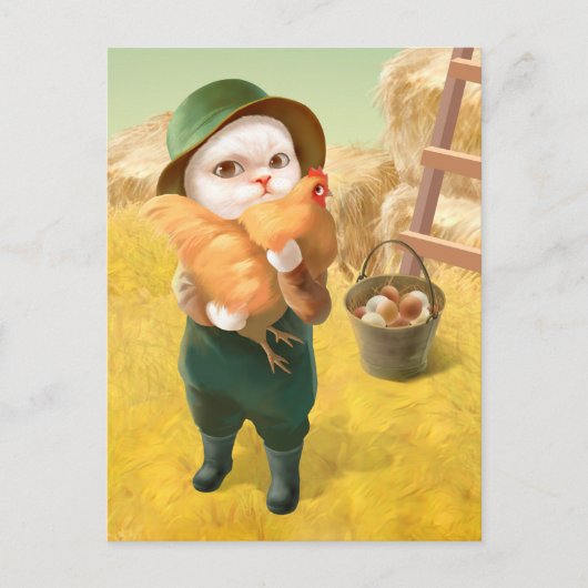 Carte Postale Faire-part Chat adorable avec Hen à la ferme (Devant)