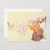 Carte Postale Faire-part Chat chantant avec panier de fleurs (Devant / Derrière)