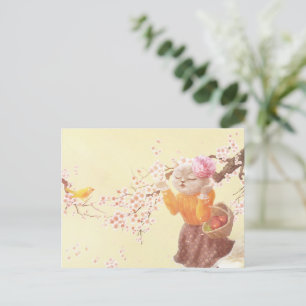 Carte Postale Faire-part Chat chantant avec panier de fleurs