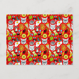 Carte Postale Faire-part Chat et œuf sur fond rouge