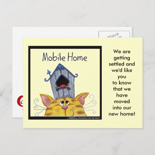 Carte Postale Faire-part Chat et Oiseau Maison Mobile Home (Devant / Derrière)