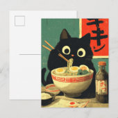 Carte Postale Faire-part Chat noir drôle mangeant du Ramen (Devant / Derrière)