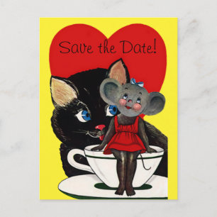 Carte Postale Faire-part Chat Vintage Souris Cœur Rouge, Mariage Enregistre