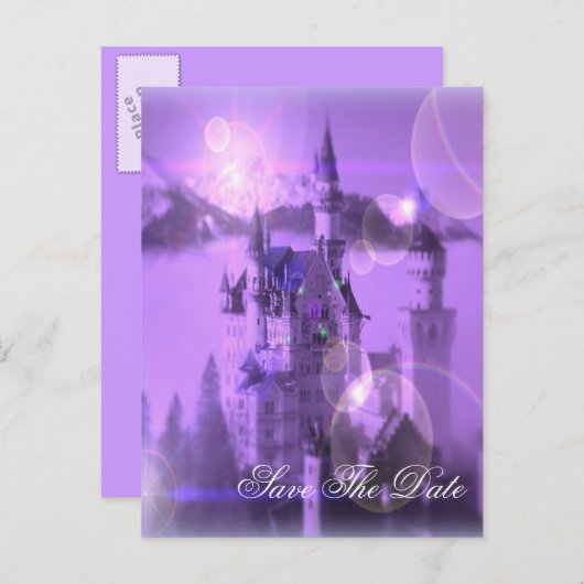 Carte Postale Faire-part château violet mariage gothique enregistrer la dat (Devant / Derrière)