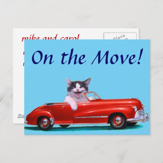 Carte Postale Faire-part Chaton dans un convertible rouge (Devant / Derrière)