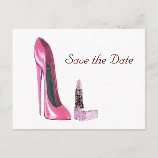 Carte Postale Faire-part Chaussure Stiletto Rose et Art Lipstick (Devant)