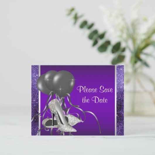 Carte Postale Faire-part Chaussure violet à talon élevé Enregistrer La Date (Debout devant)