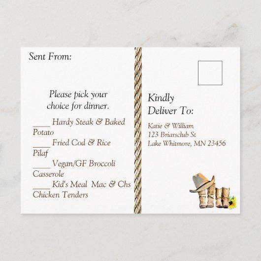 Carte Postale Faire-part Chaussures de Cowboy et Tournesols RSVP Mariage (Dos)