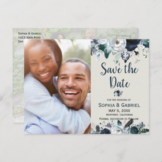 Carte Postale Faire-part Chic Fleurs Blanches Bleu Marine Mariage Enregistr (Devant / Derrière)