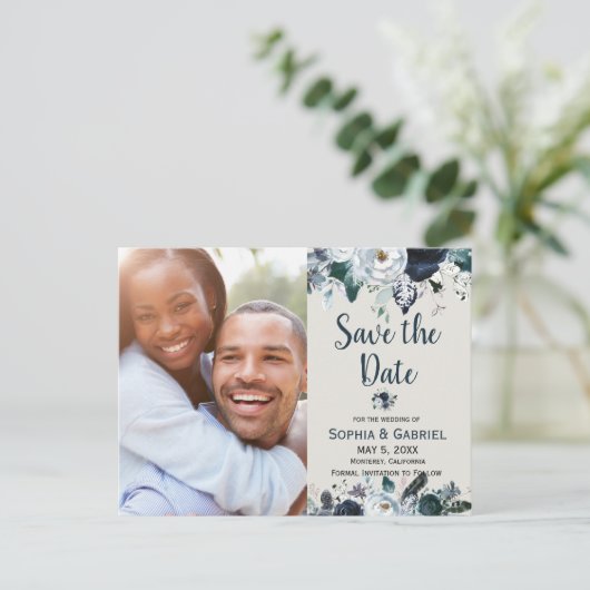 Carte Postale Faire-part Chic Fleurs Blanches Bleu Marine Mariage Enregistr (Debout devant)