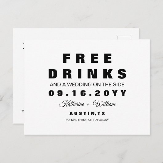 Carte Postale Faire-part Chic Funny Boissons sans alcool Mariage Sauvez la  (Devant / Derrière)