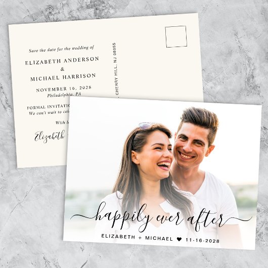 Carte Postale Faire-part Chic Script Photo Overlay Cream Enregistrer La Dat