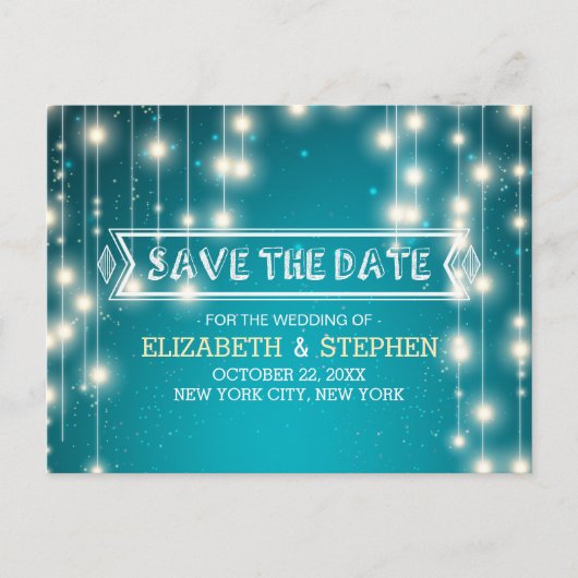 Carte Postale Faire-part Chic Turquoise String Lumières Mariage Enregistrer (Devant)