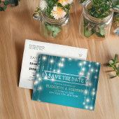 Carte Postale Faire-part Chic Turquoise String Lumières Mariage Enregistrer