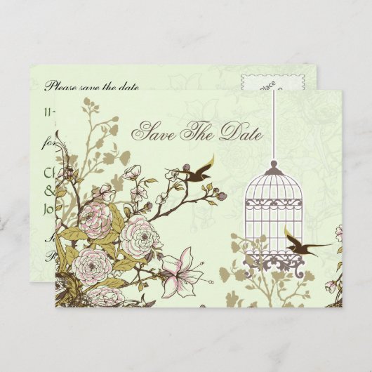 Carte Postale Faire-part Chic volière, les inséparables sauvent les dates (Devant / Derrière)