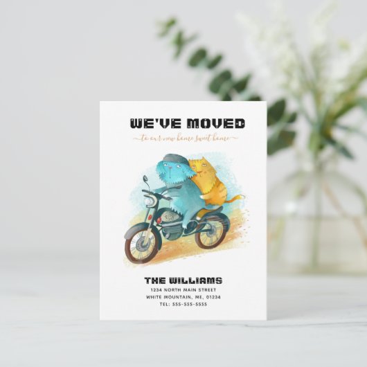 Carte Postale Faire-part Chien Drôle Chat Conduisant Moto Déménagement Nouv (Debout devant)