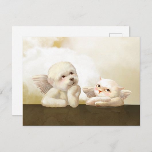 Carte Postale Faire-part Chien et chat angéliques sur un nuage (Devant / Derrière)