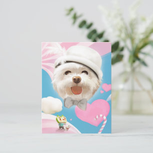 Carte Postale Faire-part Chien Fluffy avec Chapeau Blanc