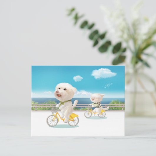 Carte Postale Faire-part Chiens et chats Vélo en mer (Debout devant)