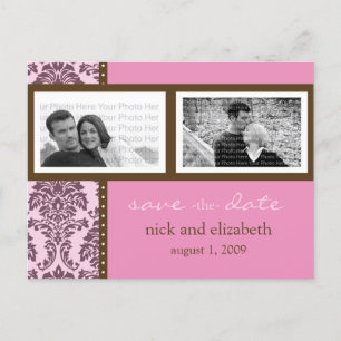 Carte Postale Faire-part Chocolat rose baroque deux photos Sauvez la date