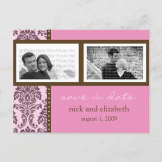 Carte Postale Faire-part Chocolat rose baroque deux photos Sauvez la date